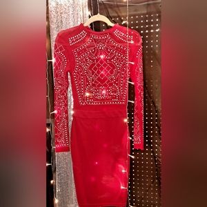 Beautiful fitted red rhinestone holiday dress sheer back sz sm
